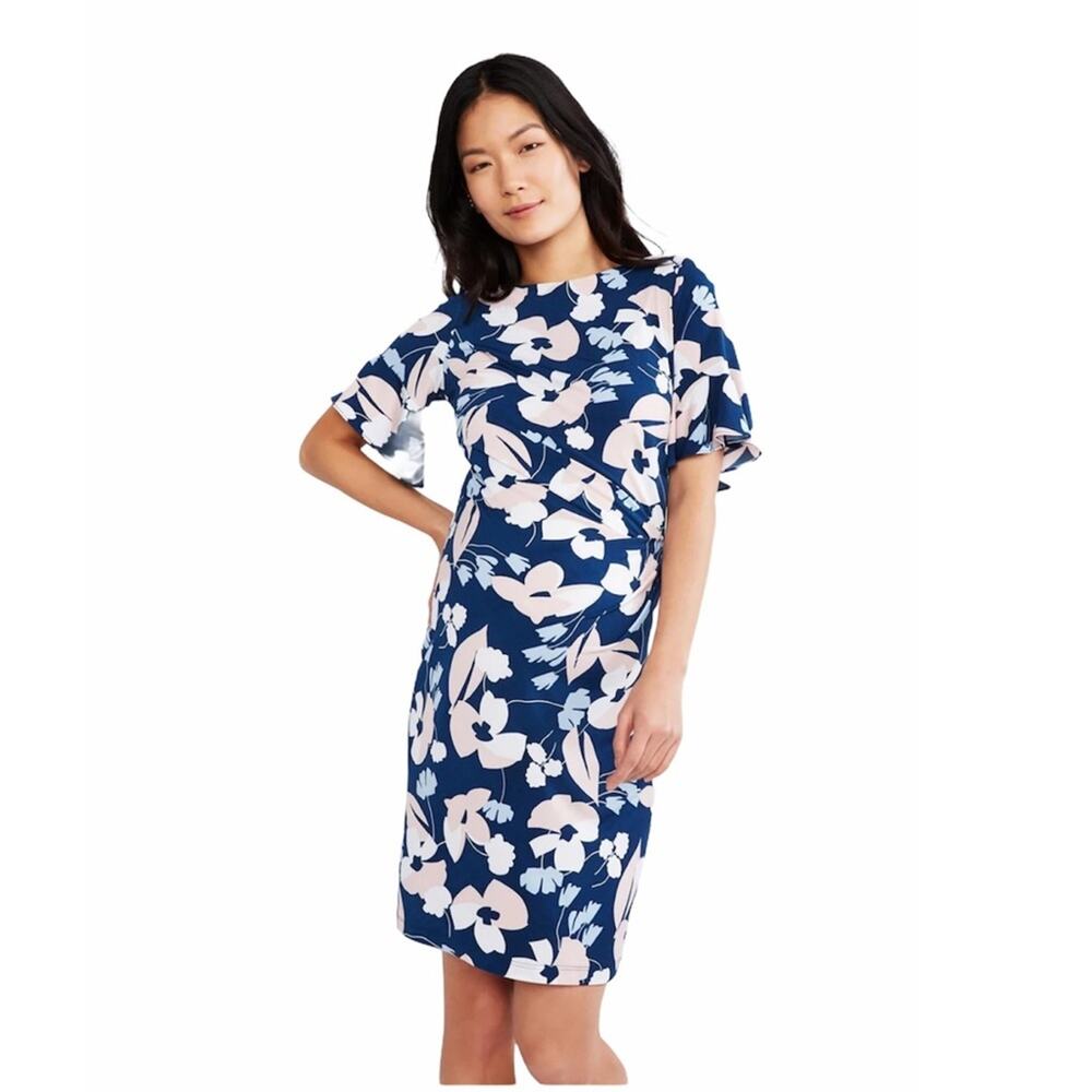 Taylor A Pea in the Pod Flutter Sleeve Blue and Pink Floral Maternity Dress Med